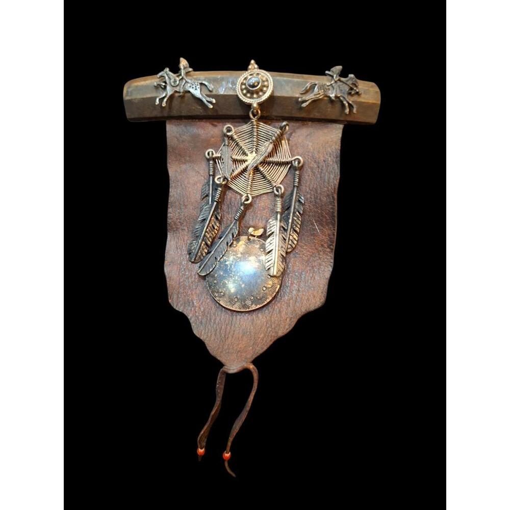 Vintage Sterling Silver 925 Dream Catcher Accented Leather Hair Clip Native Amer
